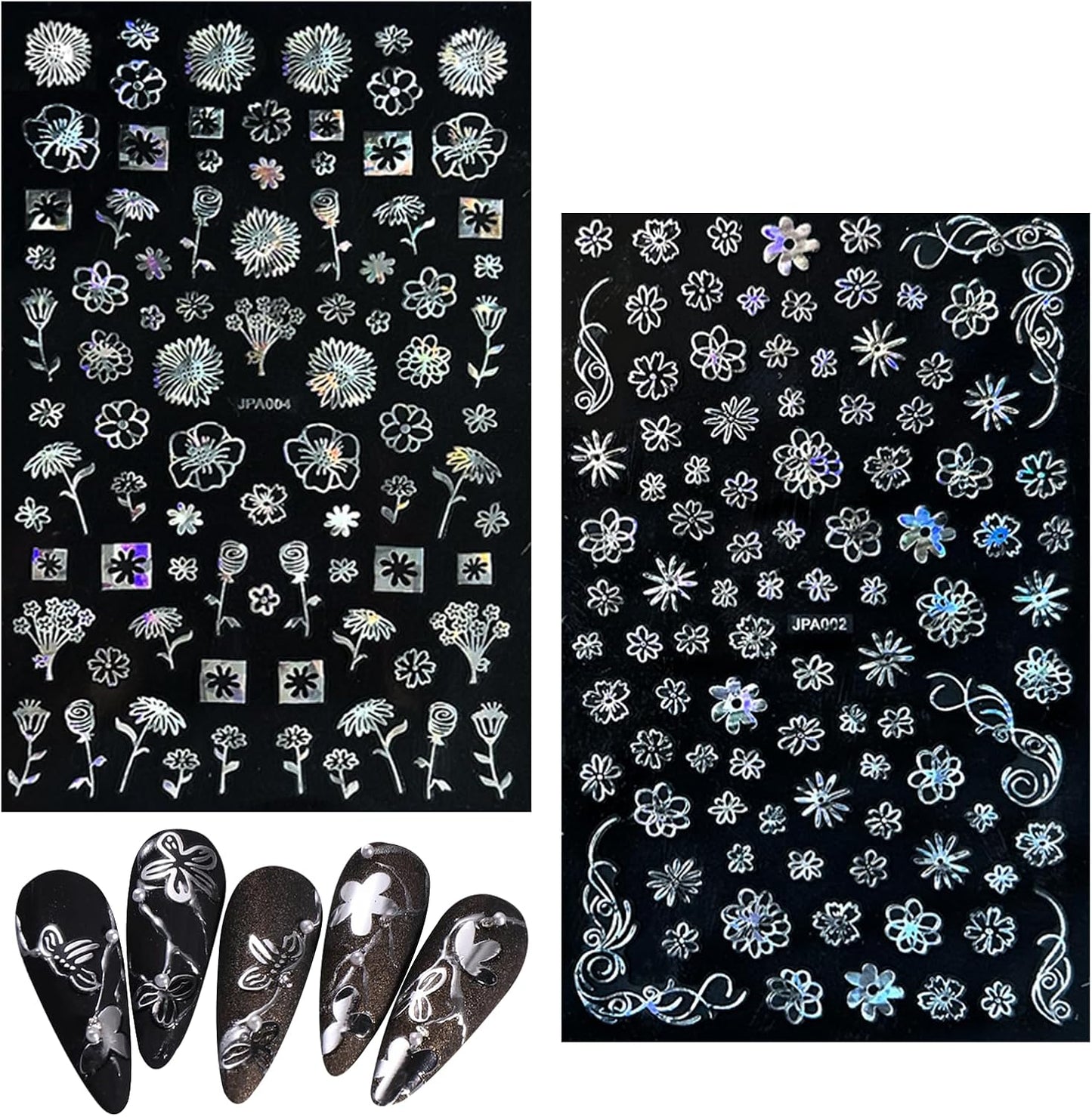 10 Sheets Flower Nail Stickers Silver 3D Self-Adhesive Leaf Art Designs Holographic Laser Manicure Accessories, Style6