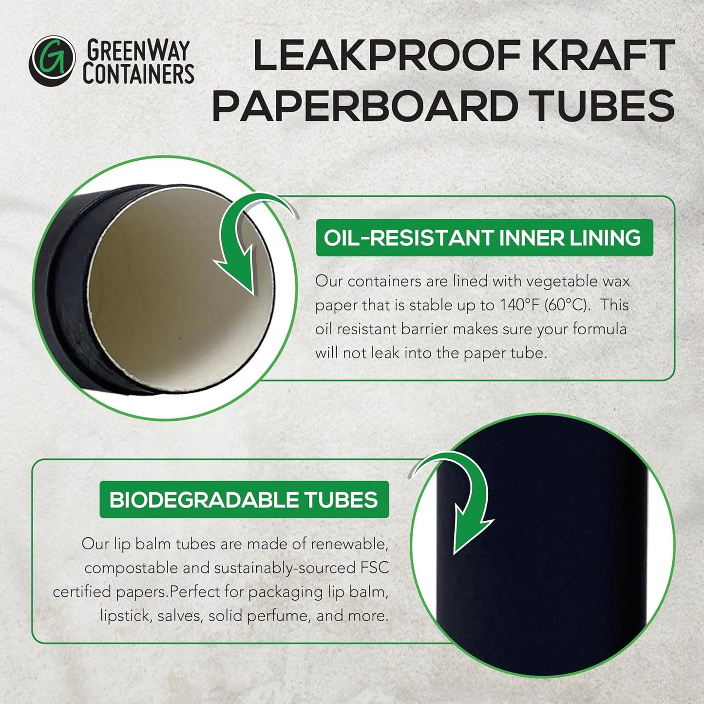 GreenWay 0.15oz / 4.25g Kraft Paperboard Lip Balm Tubes with Lids - 25 Pack Lip Gloss Tubes Refillable DIY Cosmetic Containers – Extra Thick Push-Up Bottom Lip Balm Containers - Black