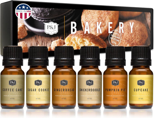 P&J Trading Bakery Set of 6 Fragrance Oils - Pumpkin Pie, Cupcake, Sugar Cookies, Coffee Cake, Snickerdoodle, Gingerbread Candle Scents, Soap Making, Diffuser Oils