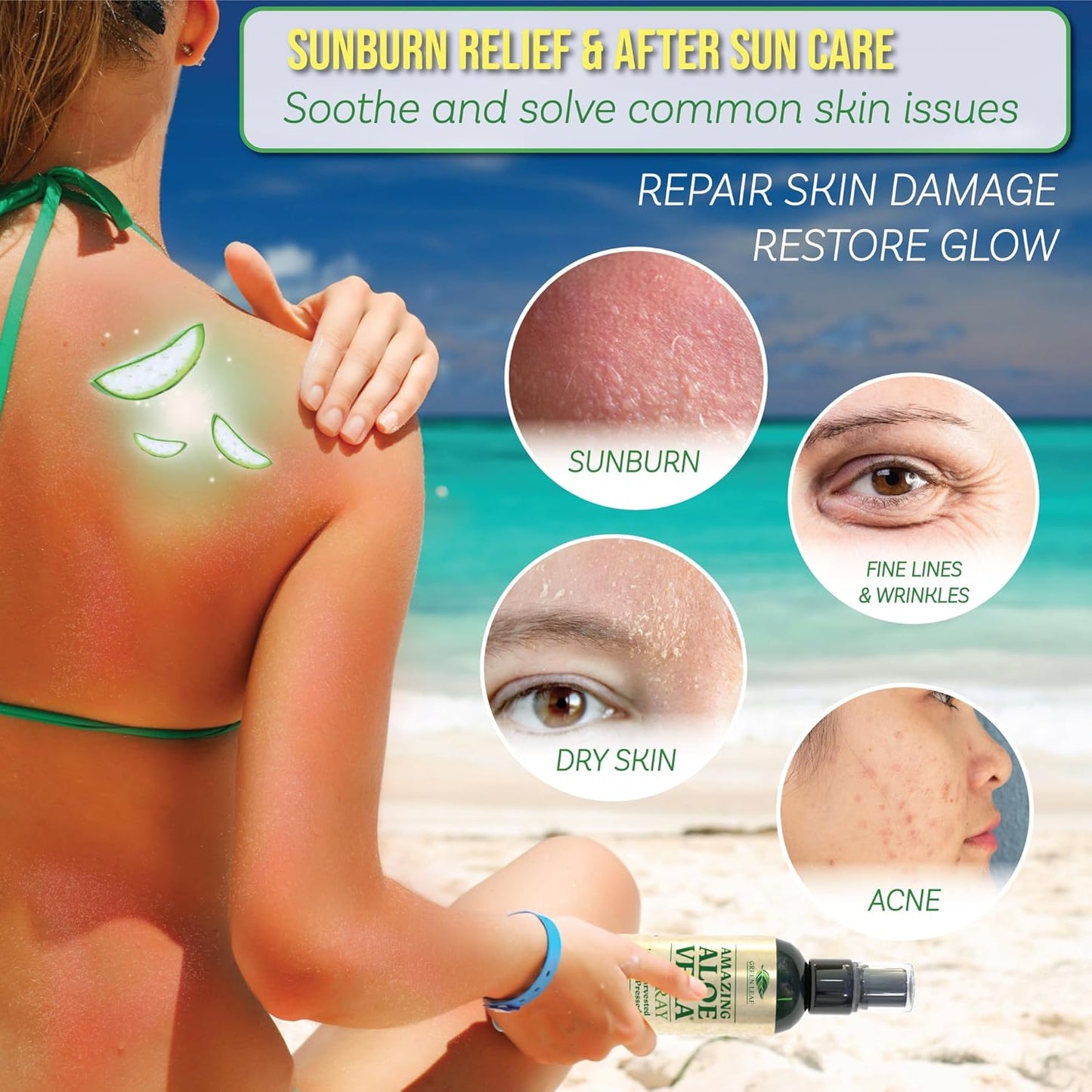 Green Leaf Naturals Aloe Vera Spray | 99% Cold-Pressed Aloe Vera Juice with Vitamin C, E & A | Hair, Skin, Facial Moisturizer, Sunburn Relief & After Sun Lotion 12oz