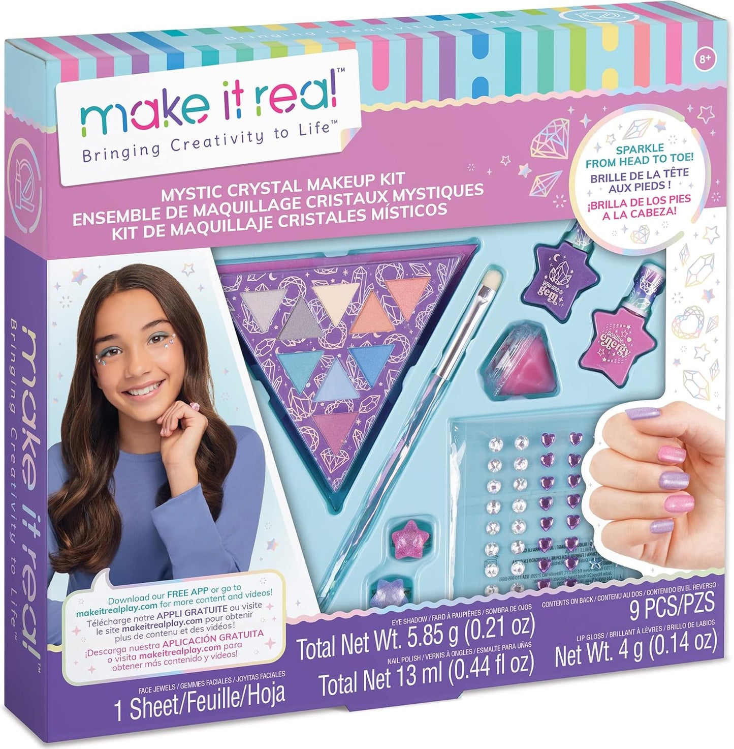 Make It Real: Mystic Crystal Makeup Kit - 9 Piece Tween Cosmetic Set, Sparkle Head To Toe, Rings-Eyes-Lips-Nails, Water-Based Nail Polish, You Are Magic, Take-Anywhere Cosmetic Set, Kids Ages 8+