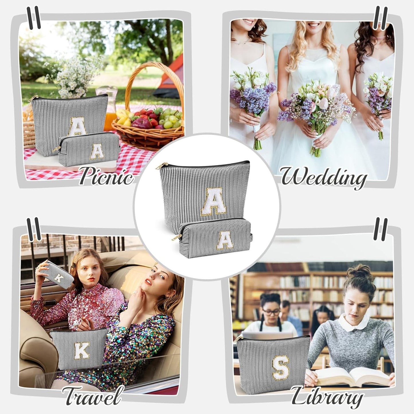 YOOLIFE Initial Makeup Bag for Women, Travel Cosmetic Bag with Small Makeup Brush Bag Cute Makeup Bag Toiletry Travel Bag Personalized Wife Friend Gifts Christmas Birthday Gifts for Women Her Black R