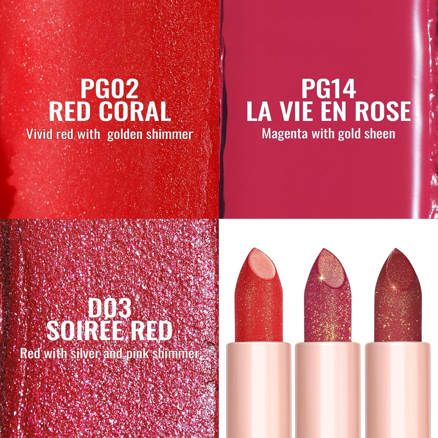 Oulac Moisture Red Lipstick Set 3PCS - Infinity High Shine Finish, Hydrating Vegan Lipstick Infused with Damask Rose Oil for All-Day Comfort, Gluten-Free, PG02+PG14+D03