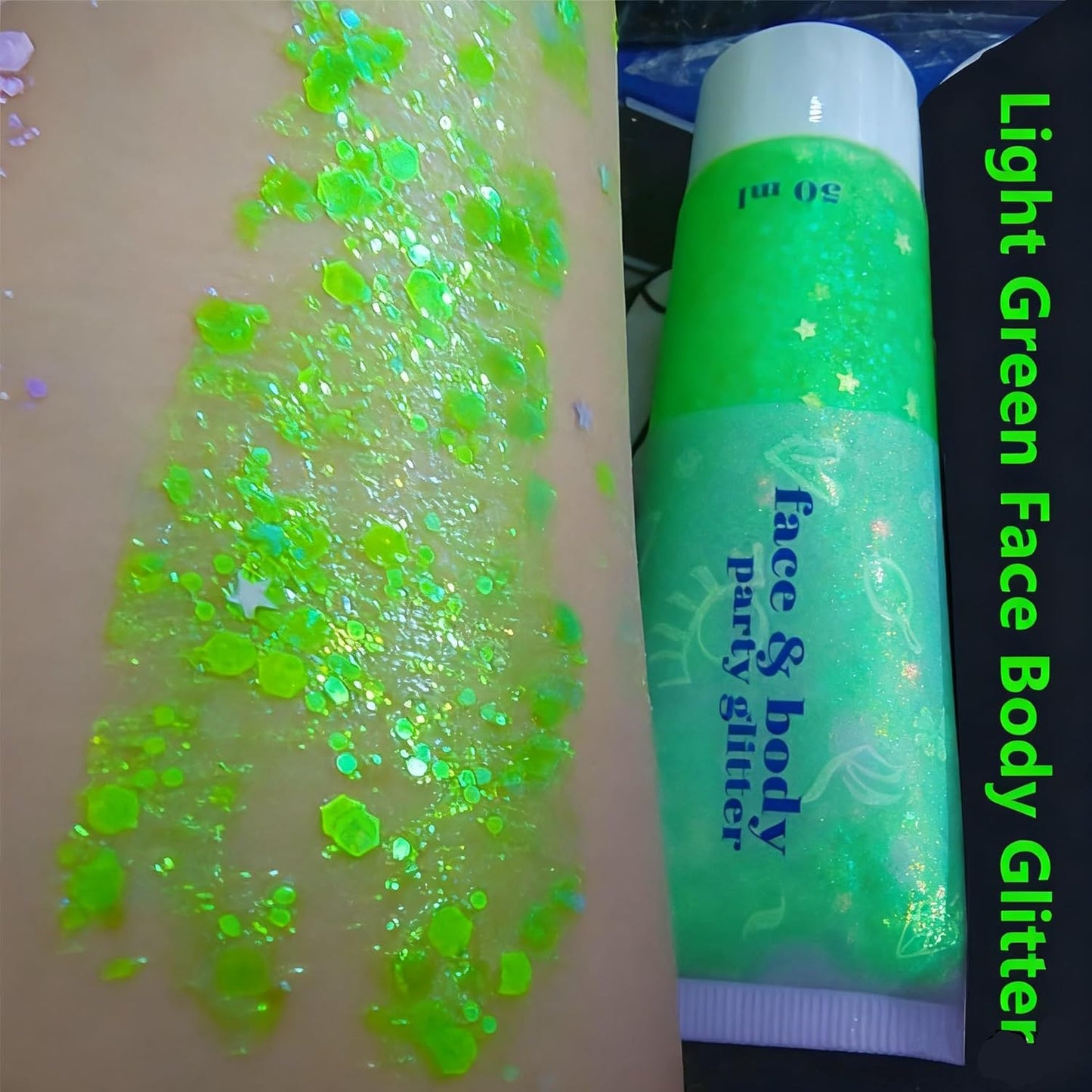 Go Ho Light Green Face Body Glitter,Sparkly Face Glitter Makeup,Light Green Face Paint Holographic Chunky Sequins Glitters for Eye Lip Hair Nails,Festival Rave Accessories