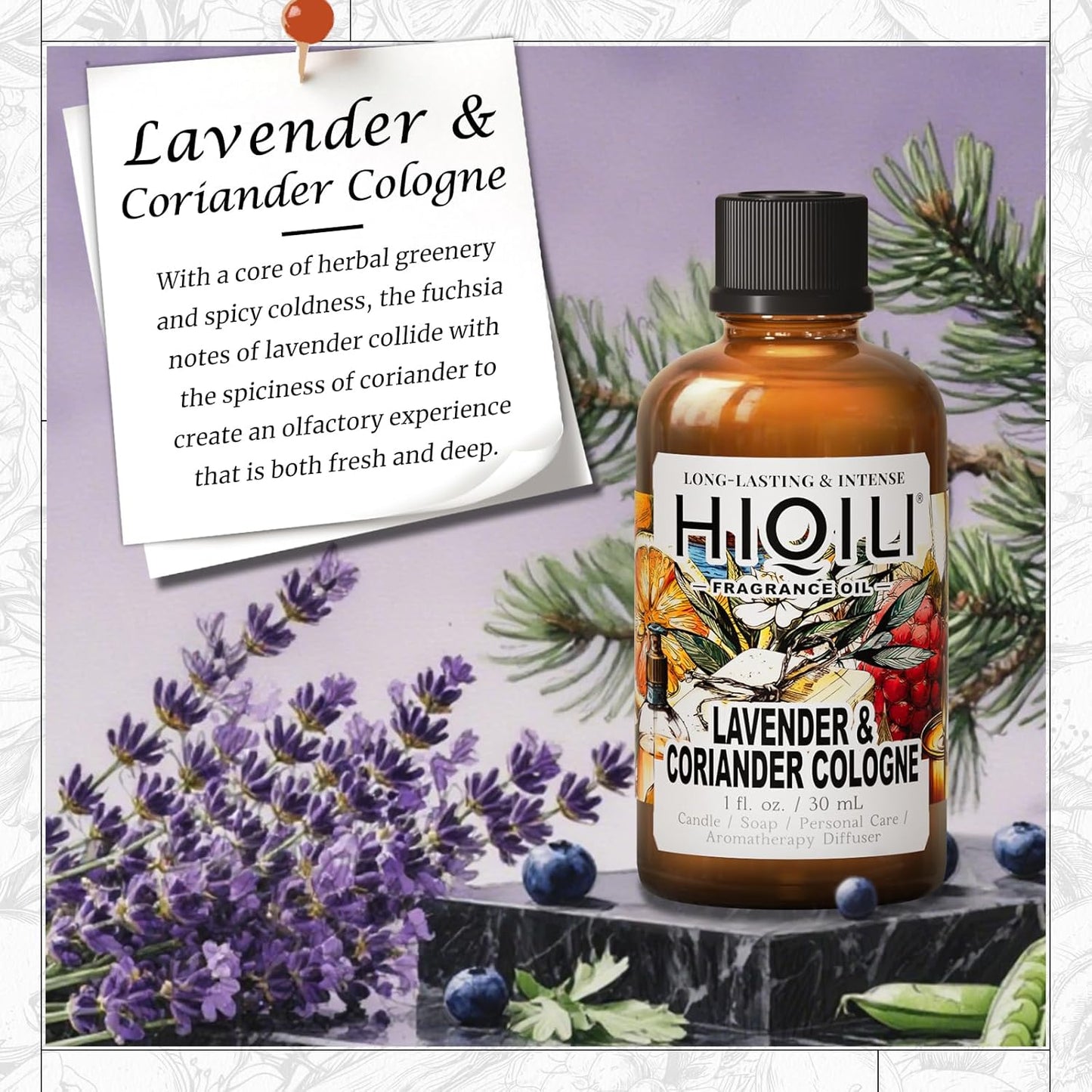 HIQILI Lavender & Coriander Cologne Fragrance Oil for Diffuser, Candle & Soap & Perfume Making, for Hotel and Home, Essential Oil, Long-Lasting Aroma - 1fl oz