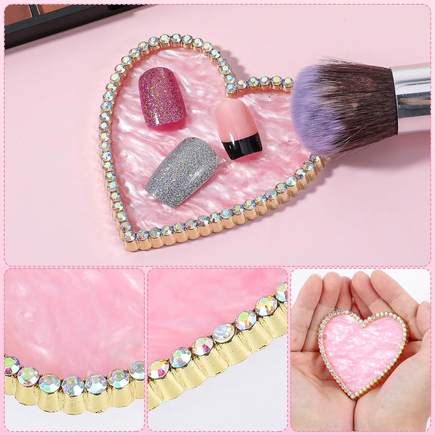Sibba Resin Nail Art Palette, Golden Edge Nail Mixing Palette with Diamond, Polish Color Mixing Plate, Nail Holder Display Board, Heart Shape Cosmetic Mixing Tools for Women and Girls(Pink)