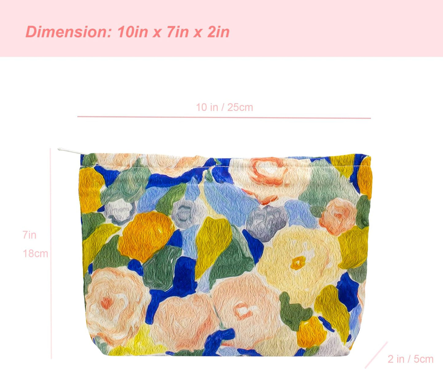 PAZIMIIK Floral Makeup Bag Large Cotton Zipper Pouch for Purse Travel Canvas Make Up Organizer for Women Cosmetic,Garden Blue