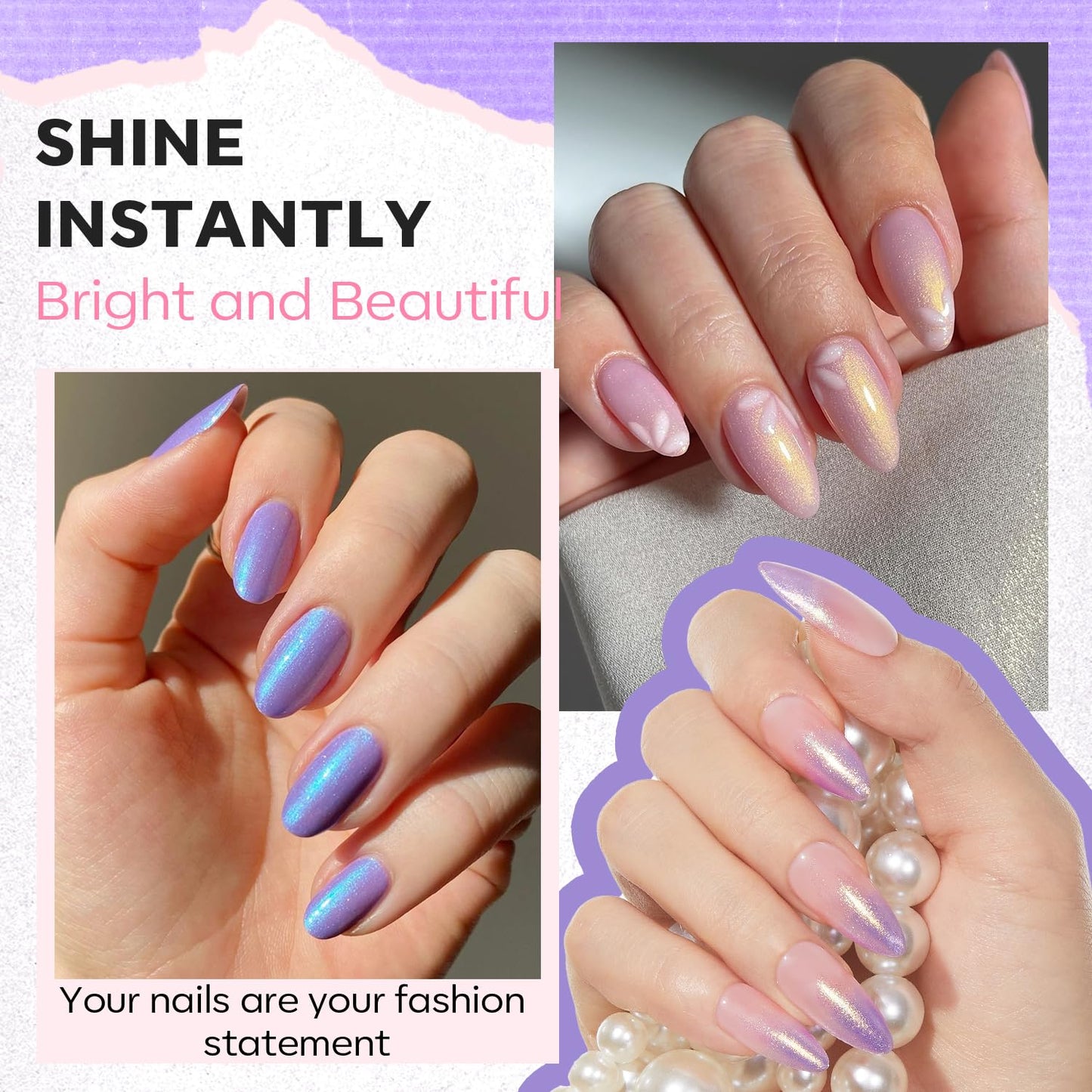 modelones Nail Polish Set, 6 Colors Charm Pink Blue Gold Purple Green Shimmer & Holographic Quick Dry Non Toxic Nail Polish Kit Salon Home DIY Manicure Kit Gift For Women Girl