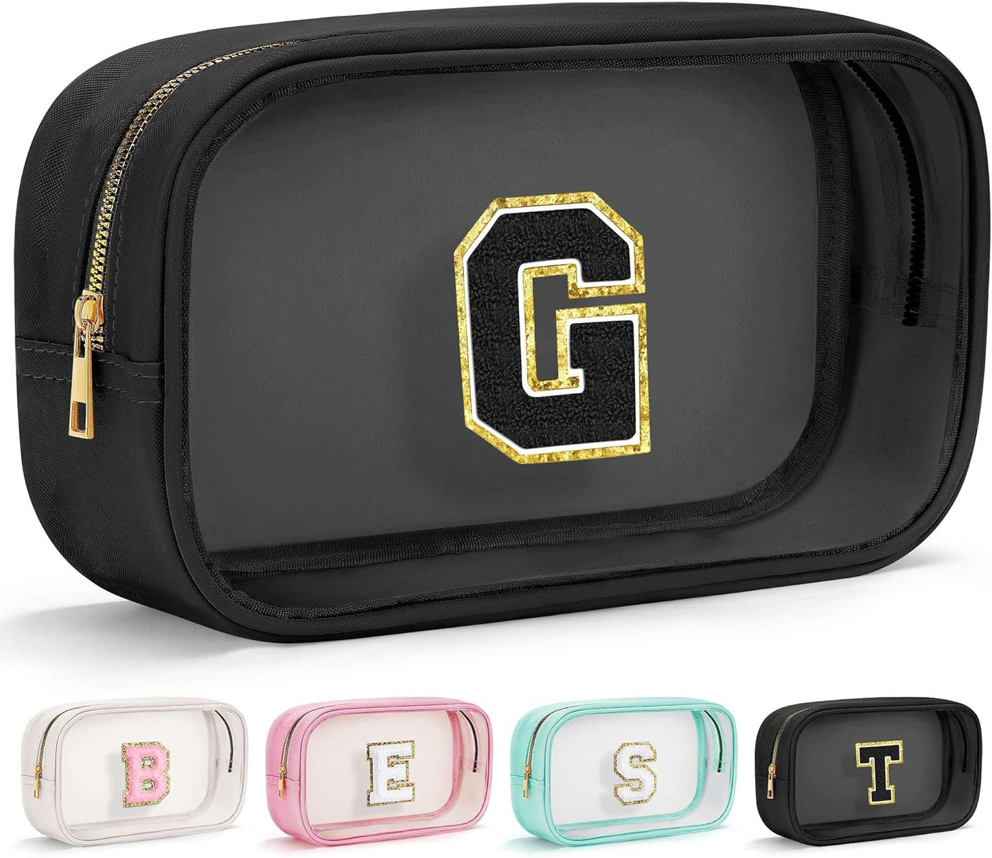 YOOLIFE Travel Clear Makeup Bag Toiletry Bag, Make up Bag Waterproof Toiletry Bags for Women Cosmetic Bag Birthday Gifts for Women Personalized Mother Girlfriend Wife Bridesmaid Gifts Black Letter G
