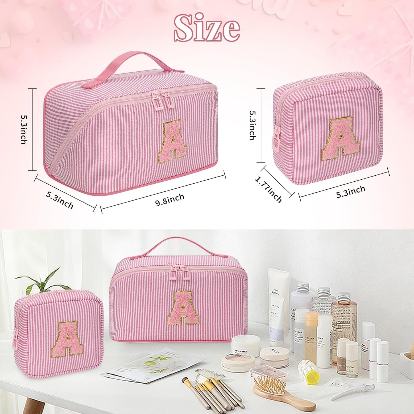 Travel Makeup Bag for Women, 2Pcs Portable Personalized Initial Makeup Organizer Bag, Open Flat Large Cosmetic Bag With Travel Essential Pouch (Pink Letter F)