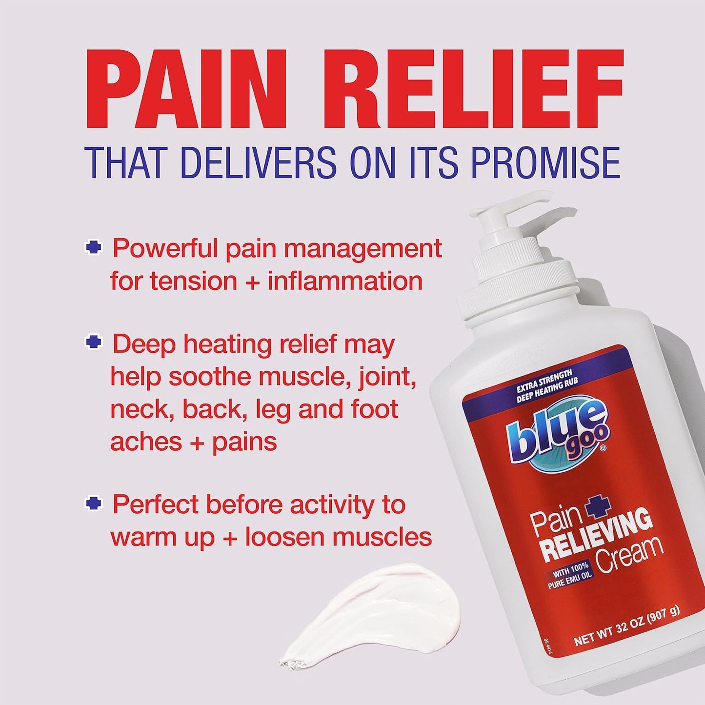 Blue Goo Pain Relieving Cream – for Back and Neck Pain, Sports-Related Muscle and Joint Pain, Sprains and Strains, Maximum Strength Deep Heating Rub, Made with 100% Pure Emu Oil, 32 oz (1 Pack)