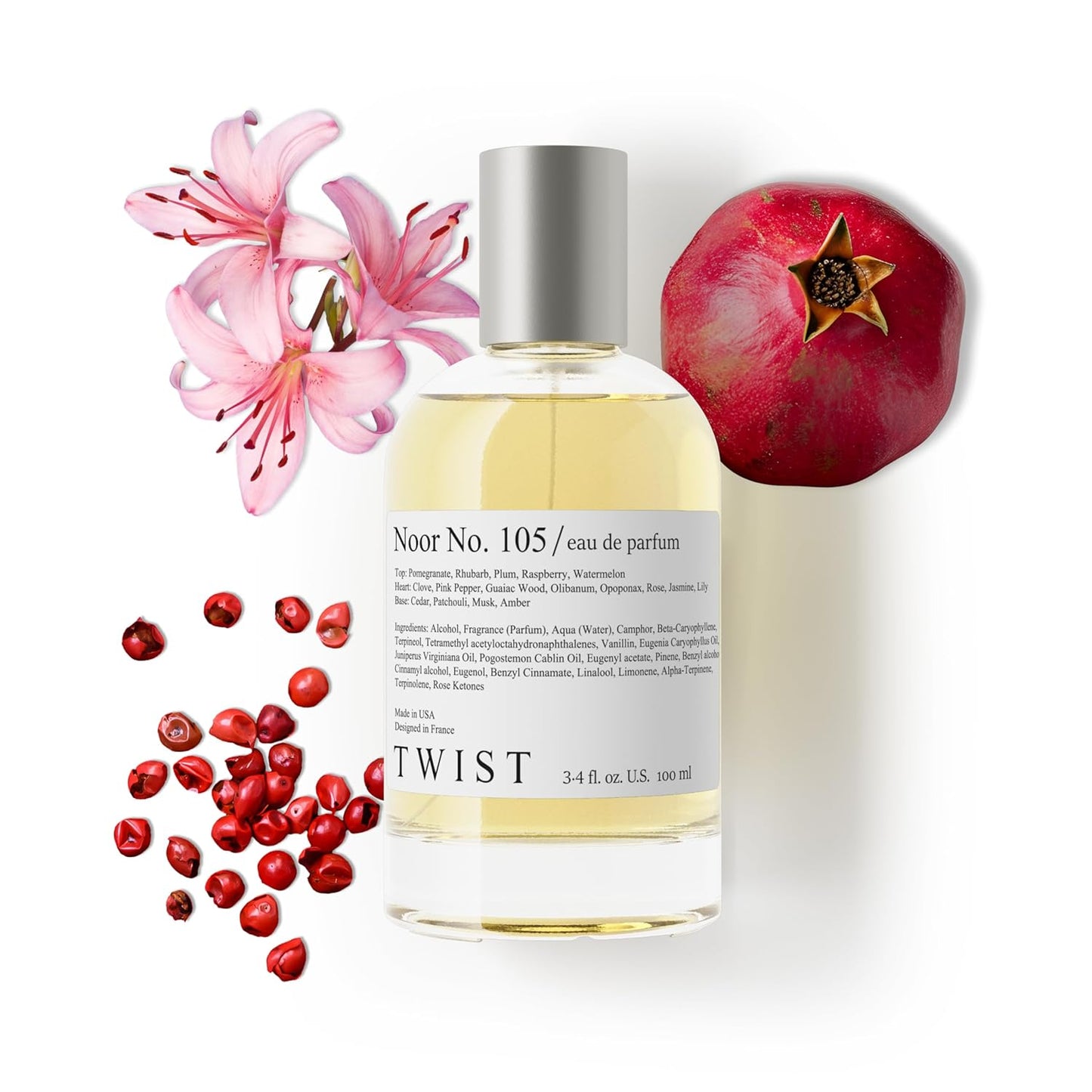 Twist Noor No. 105 - Eau De Parfum Inspired by J. M. Pomegranate Noir Cologne, Long-Lasting Perfume For Women & Men, Paraben Free, Vegan, Clean Ingredients, Unisex - 100 ml | 3.4 fl. oz.