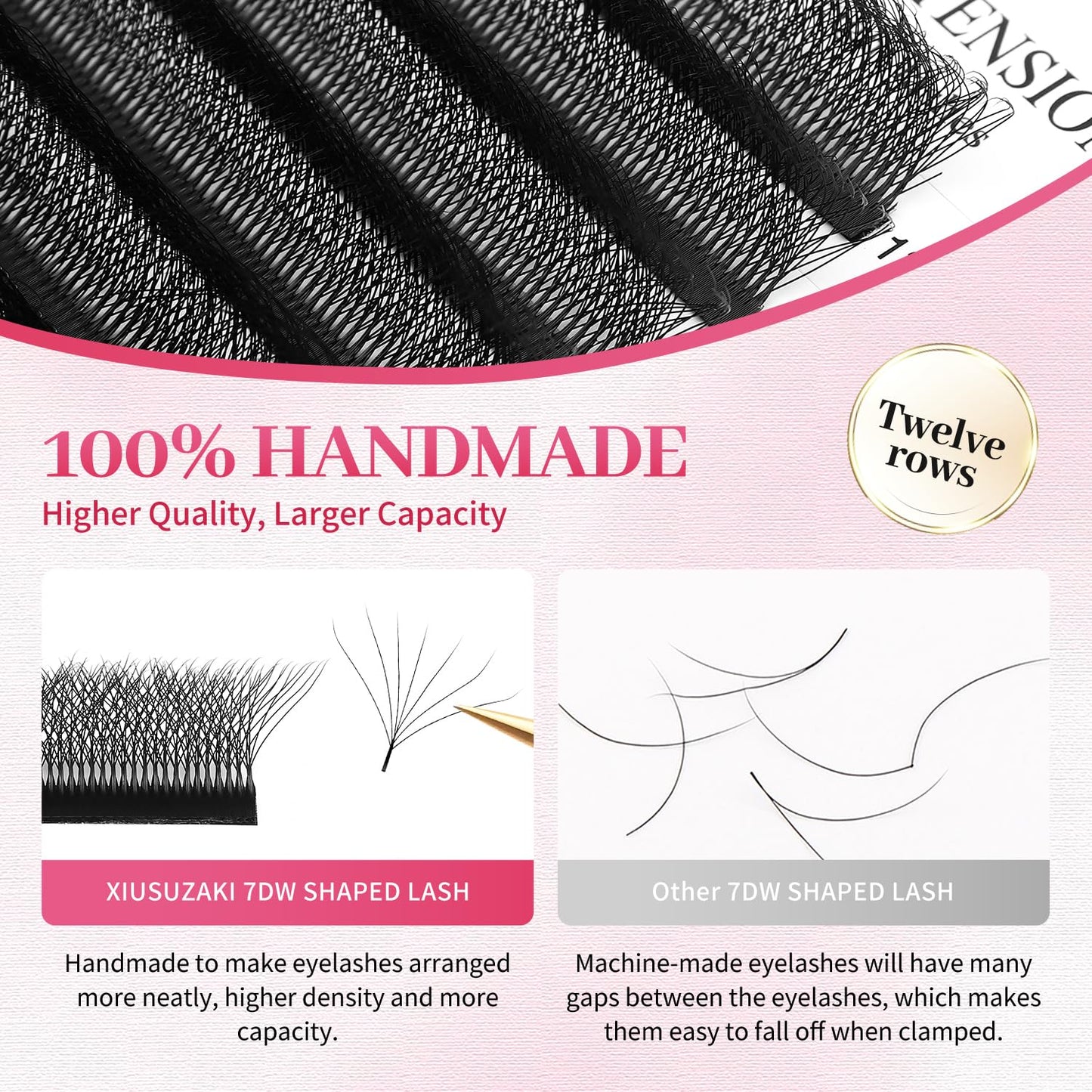 W Lash Extensions Supplies 7D Eyelash Extensions W Shape 0.07mm Thickness D Curl 9mm Premade Fans Easy Fan Lashes Volume Matte Black 12 Rows Crisscross Eye Lashes(W-7D-0.07-D,9mm)
