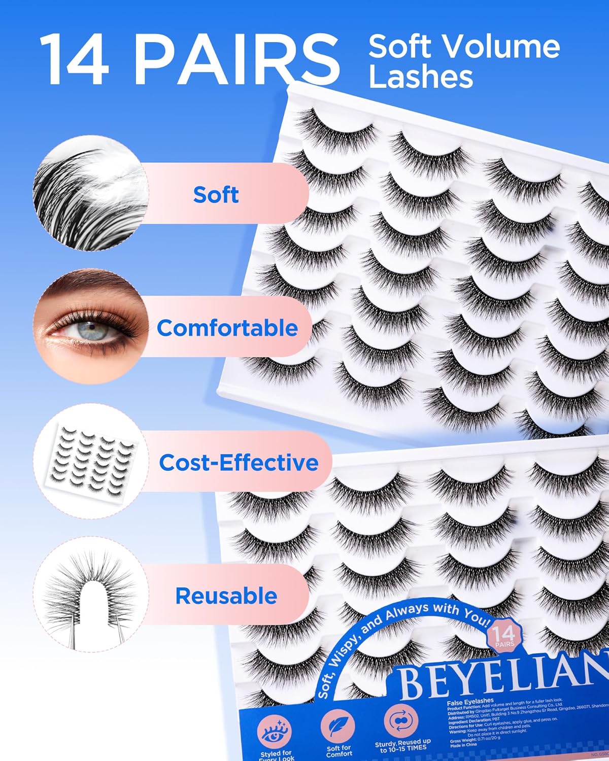 BEYELIAN 14 Pairs False Eyelashes Wispy D Curl 6-14MM Cat Eye Lashes Natural Look, Fluffy 3D Volume Faux Mink Lashes Soft and Lightweight, Reusable, Easy to Apply (14P-HSCS-30)