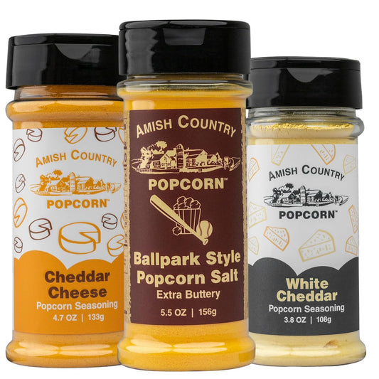 Amish Country Popcorn | BallPark Style Buttersalt - 5.5 oz, Cheddar Cheese - 4.7 oz & White Cheddar Cheese - 3.8 oz Popcorn Seasoning | Old Fashioned, Non-GMO and Gluten Free