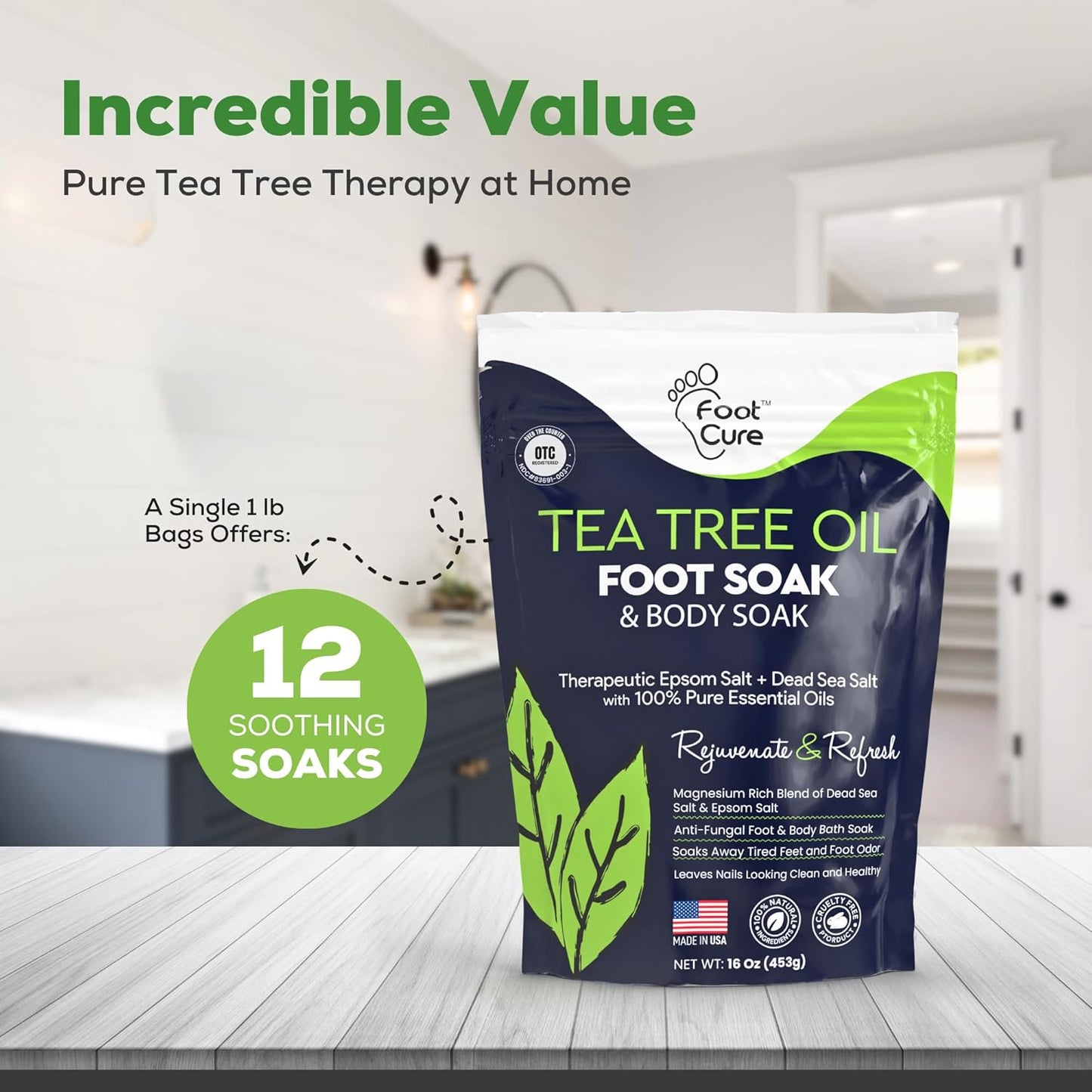 Tea Tree Oil Foot Soak with Epsom Salt - For Toenail Repair, Athletes Foot, Softens Calluses, Soothes Sore & Tired Feet, Nail Discoloration, odor Scent, Spa Pedicure Care - Made in USA 16 oz