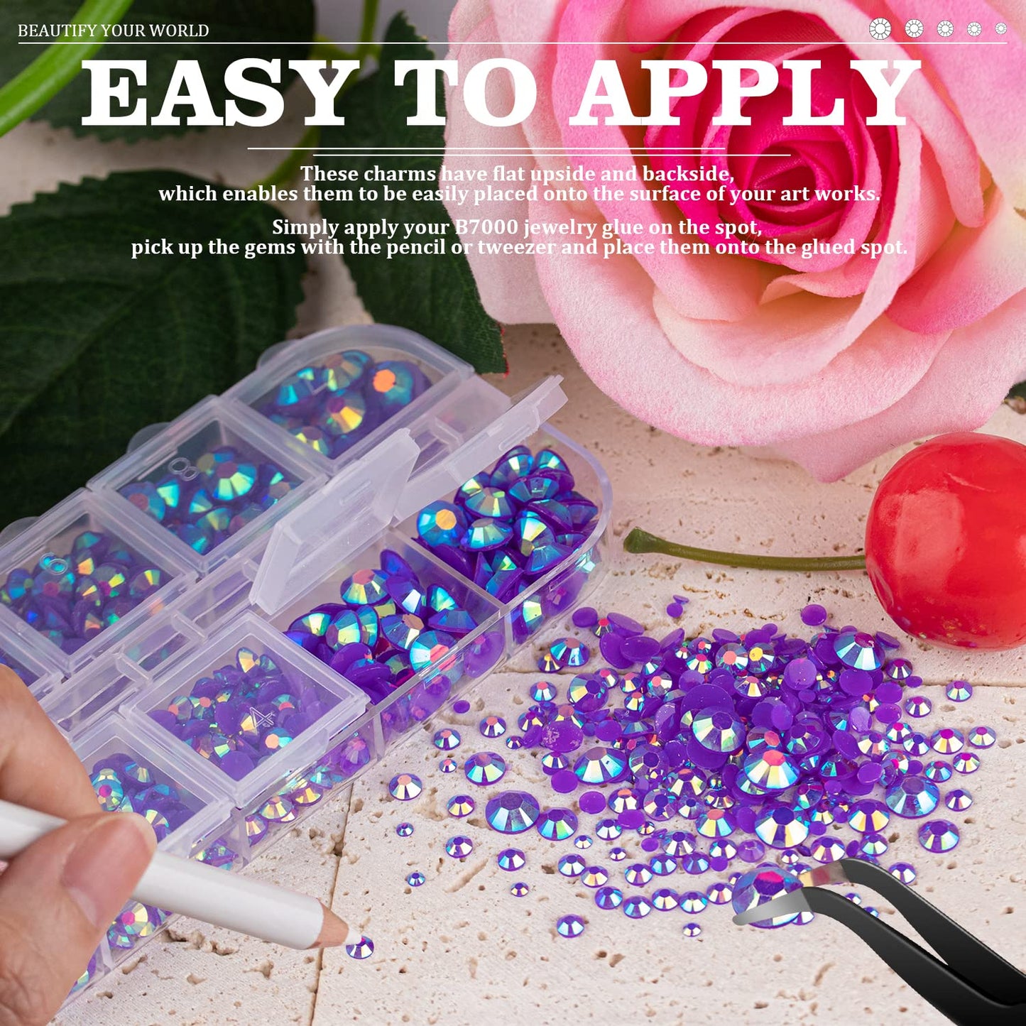 7000PCS Resin Rhinestones with Tweezers for Crafting, 2/3/4/5/6mm Flatback Jelly Rhinestones, 4 Box Dark Purple AB Non Hotfix Crystal Gems for DIY Crafts Mugs Tumblers Clothes Makeup Nail