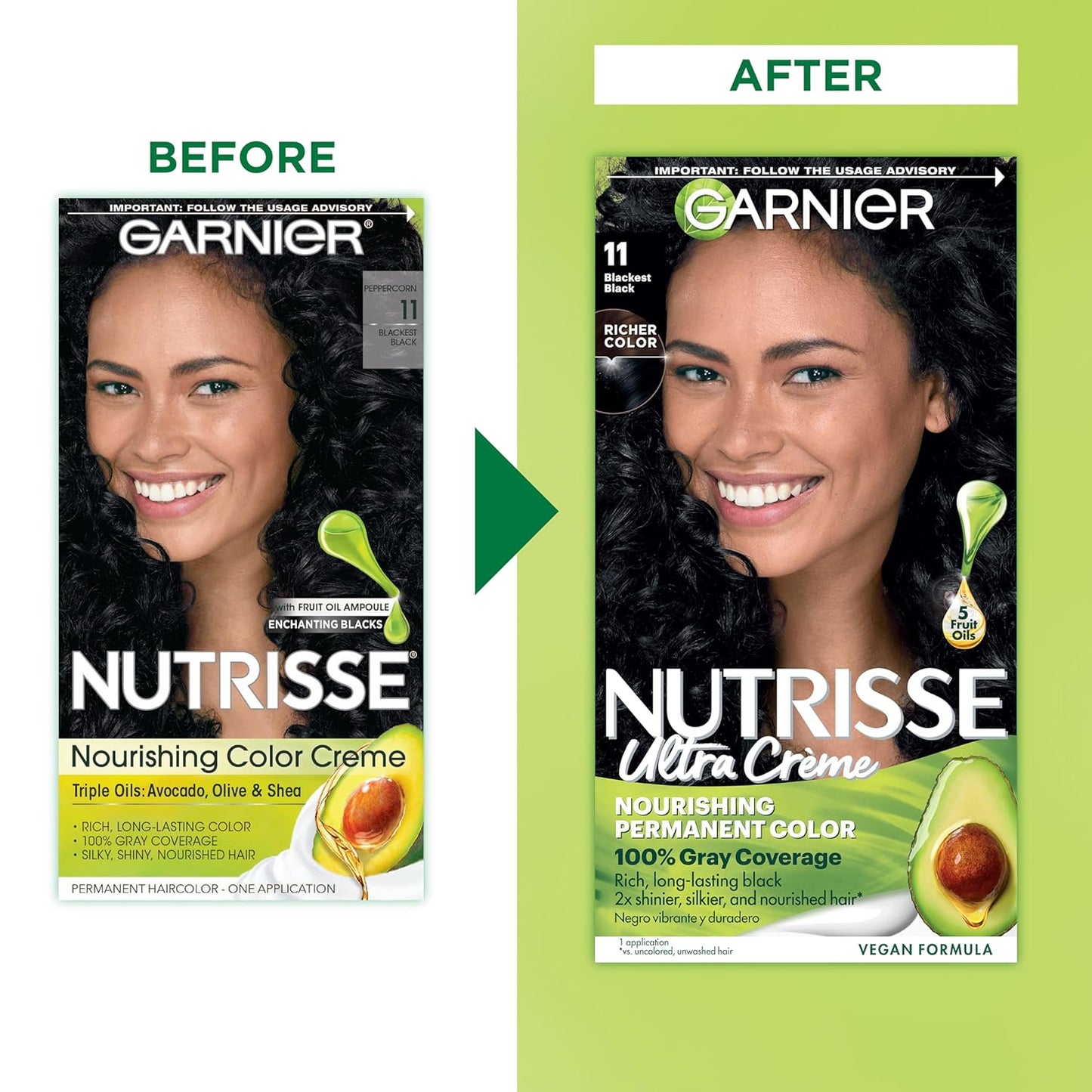 Garnier Hair Color Nutrisse Nourishing Creme, 11 Blackest Black (Peppercorn) Permanent Hair Dye, 2 Count (Packaging May Vary)