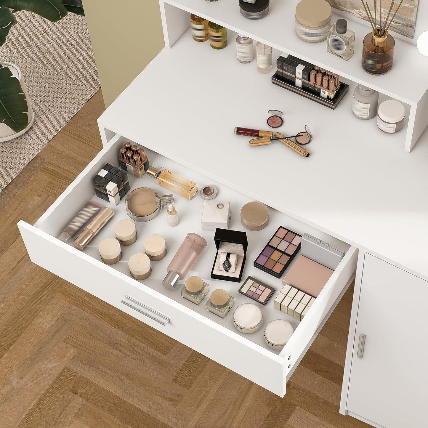 Quimoo Makeup Vanity Desk with Mirror & Lights, Vanity Desk with 5 Drawers & Storage Shelves, Vanity Table, 3 Color Modes & Adjustable Brightness Dressing Table, Bedroom, White