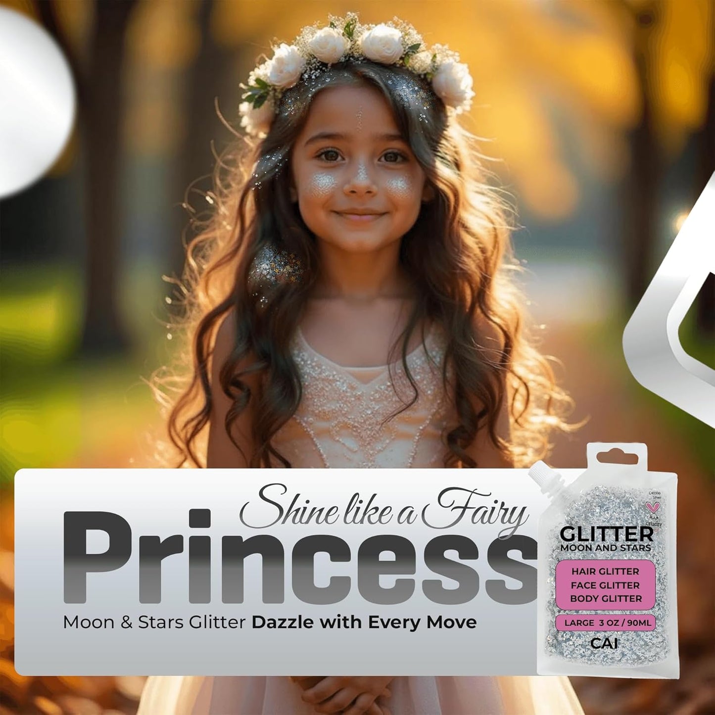 Face, Body & Hair Glitter Gel – Halloween Glitter for Kids and Women – 3 Oz Cosmetic-Grade Gel w/Moon & Stars for Festivals & Halloween Party, Easy Apply & Wash Off - Silver 2Pack