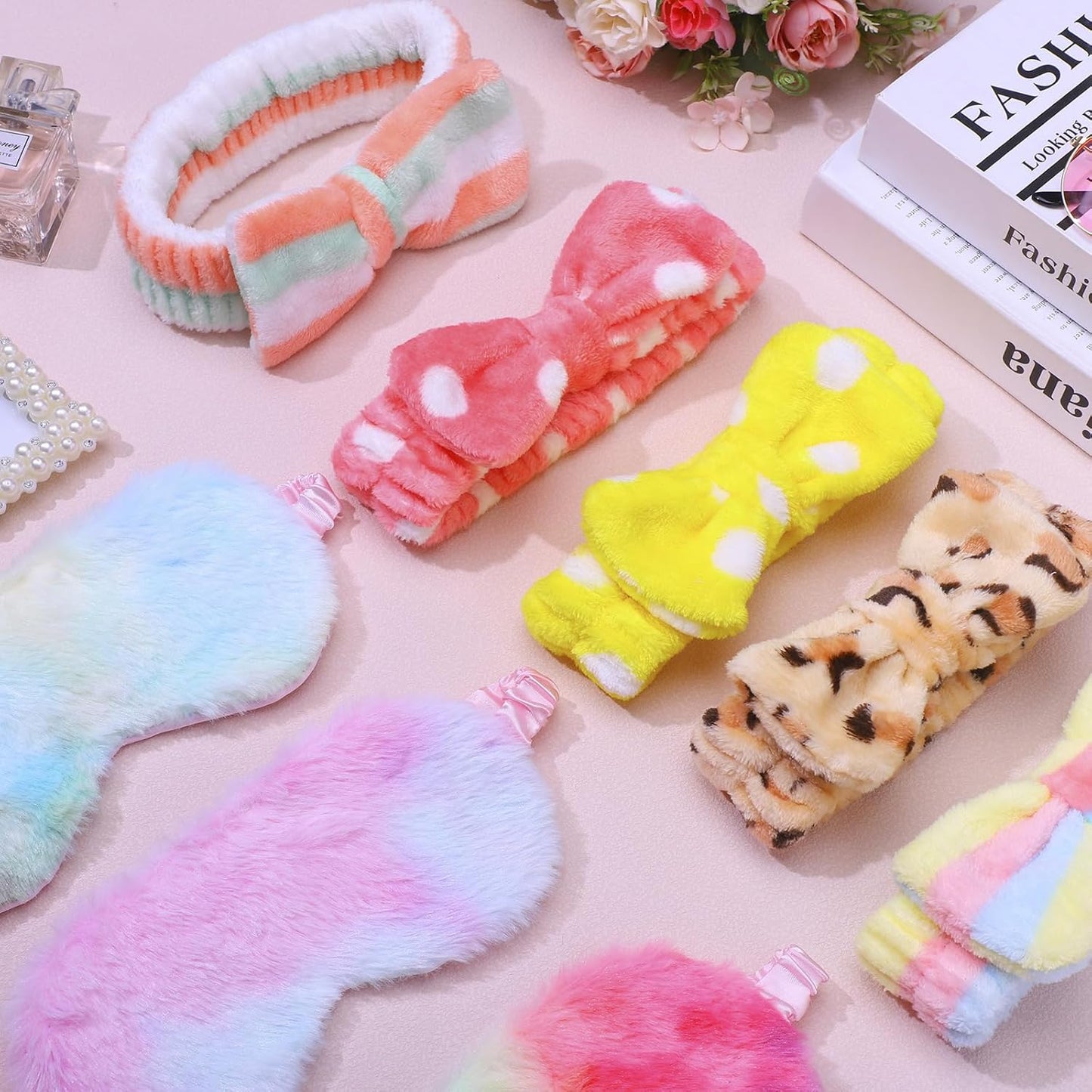 Newcotte 24 Pcs Sleepover Party Supplies for Girls, Includes 12 Pcs Plush Sleep Eye Mask and 12 Pcs Bow Hair Band, Plush Bow Headbands, Fur Face Wash Headband Faux Fur Mask for Women (Lovely Style)