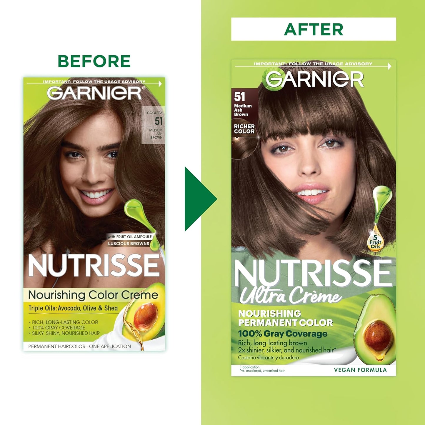 Garnier Hair Color Nutrisse Nourishing Creme, 51 Medium Ash Brown (Cool Tea) Permanent Hair Dye, 2 Count (Packaging May Vary)
