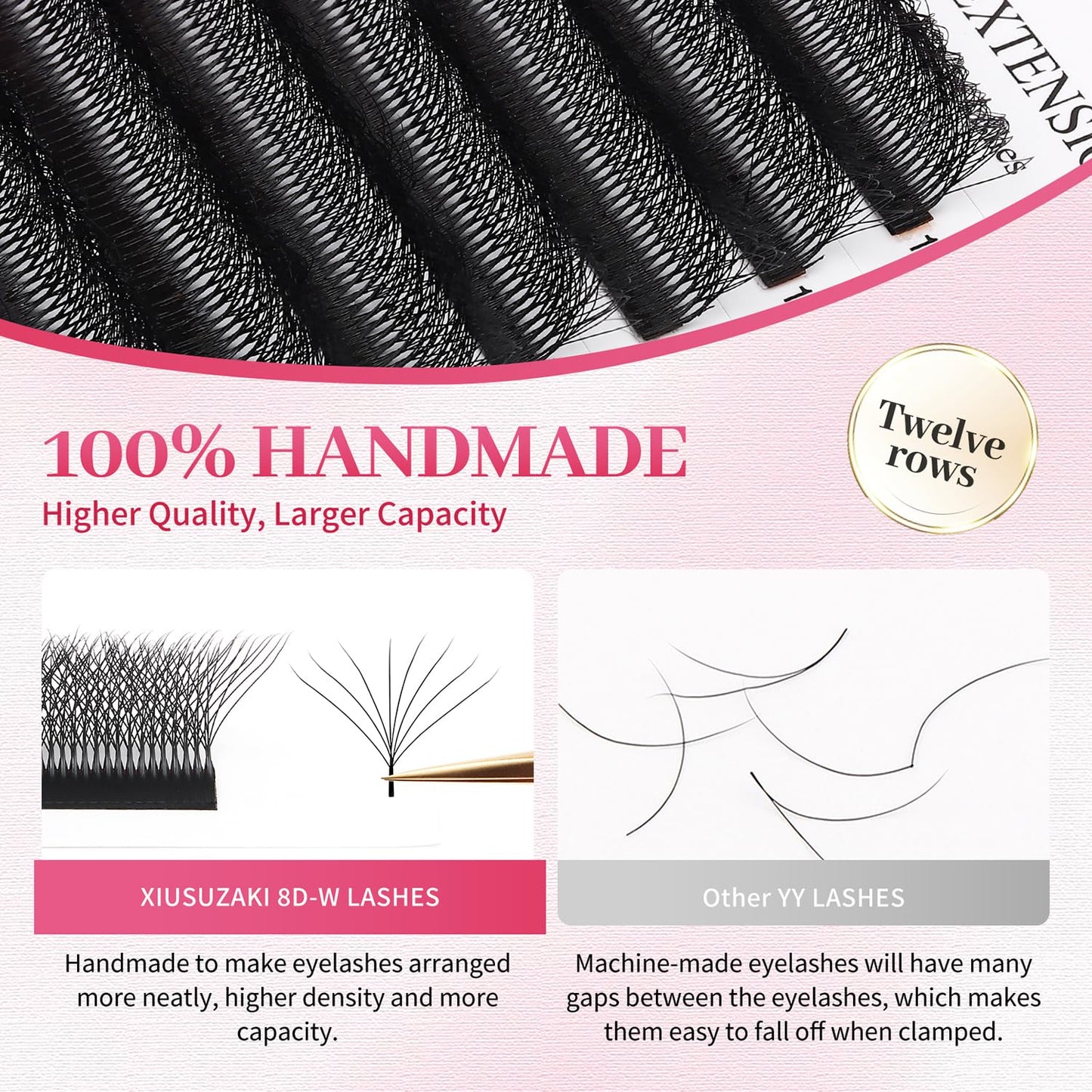 W Lash Extensions Supplies 8D Eyelash Extensions W Shape 0.07mm Thickness D Curl 12mm Premade Fans Easy Fan Lashes Volume Matte Black 12 Rows Crisscross Eye Lashes(W-8D-0.07-D,12mm)