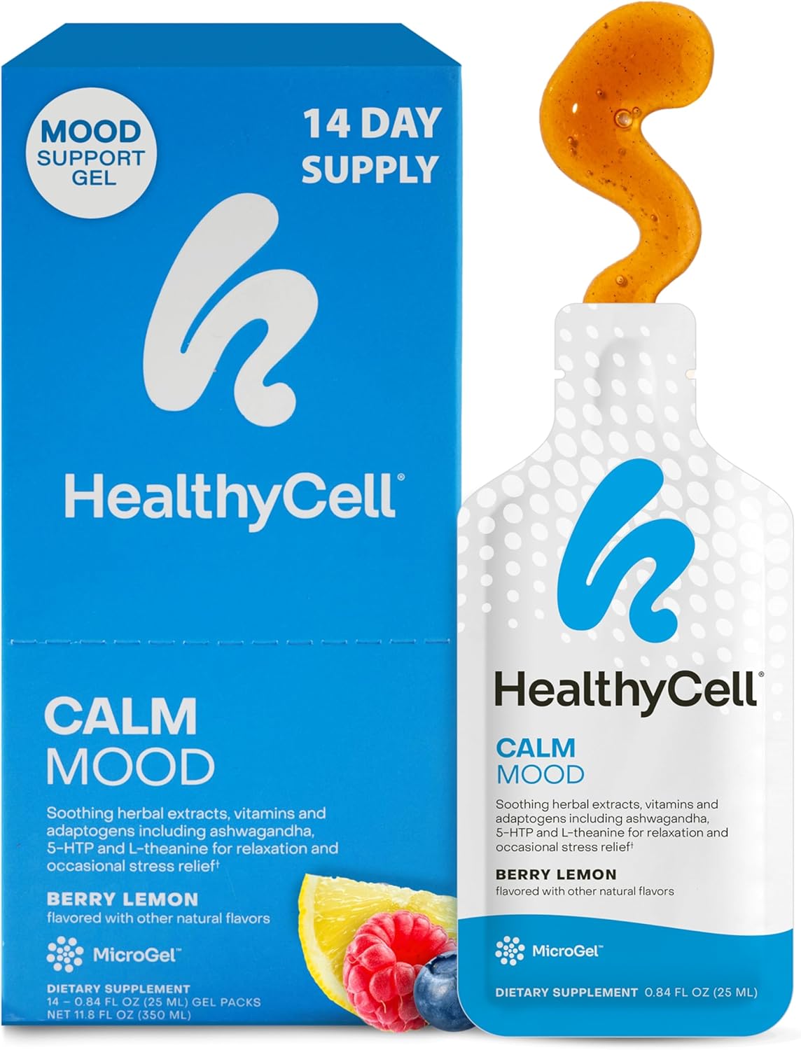 Healthycell Calm Mood Daily Liquid Supplement - Cortisol Manager & Mood Support Supplement for Stress with Ashwagandha, L-Theanine, Magnesium, 5-HTP, GABA & Saffron - 14 Gel Packs