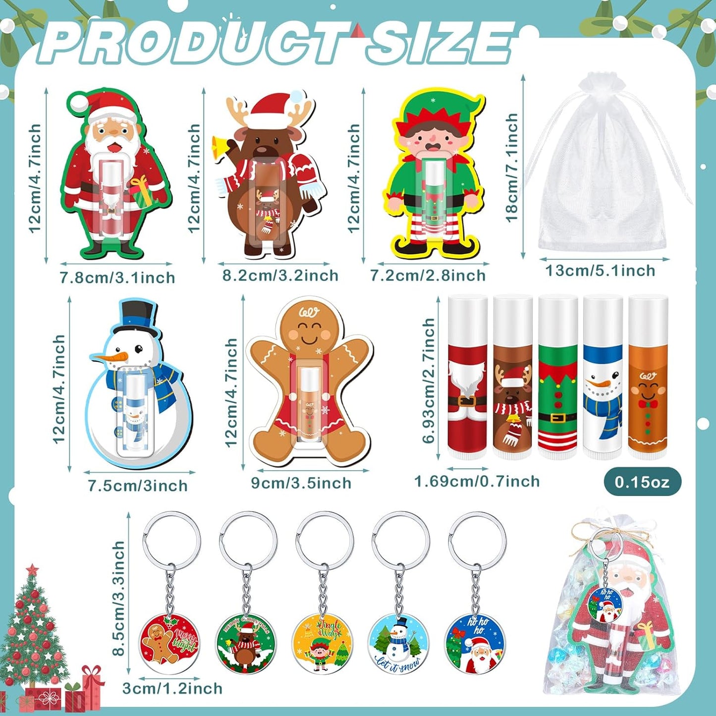 Henoyso 150 Pcs Christmas Favors 5 Styles Lip Balm Bulk Moisturizing Lip Balms Acrylic Keychains with Organza Bags for Xmas Holiday Treat Gifts Women Christmas Stocking Stuffers Party Supplies