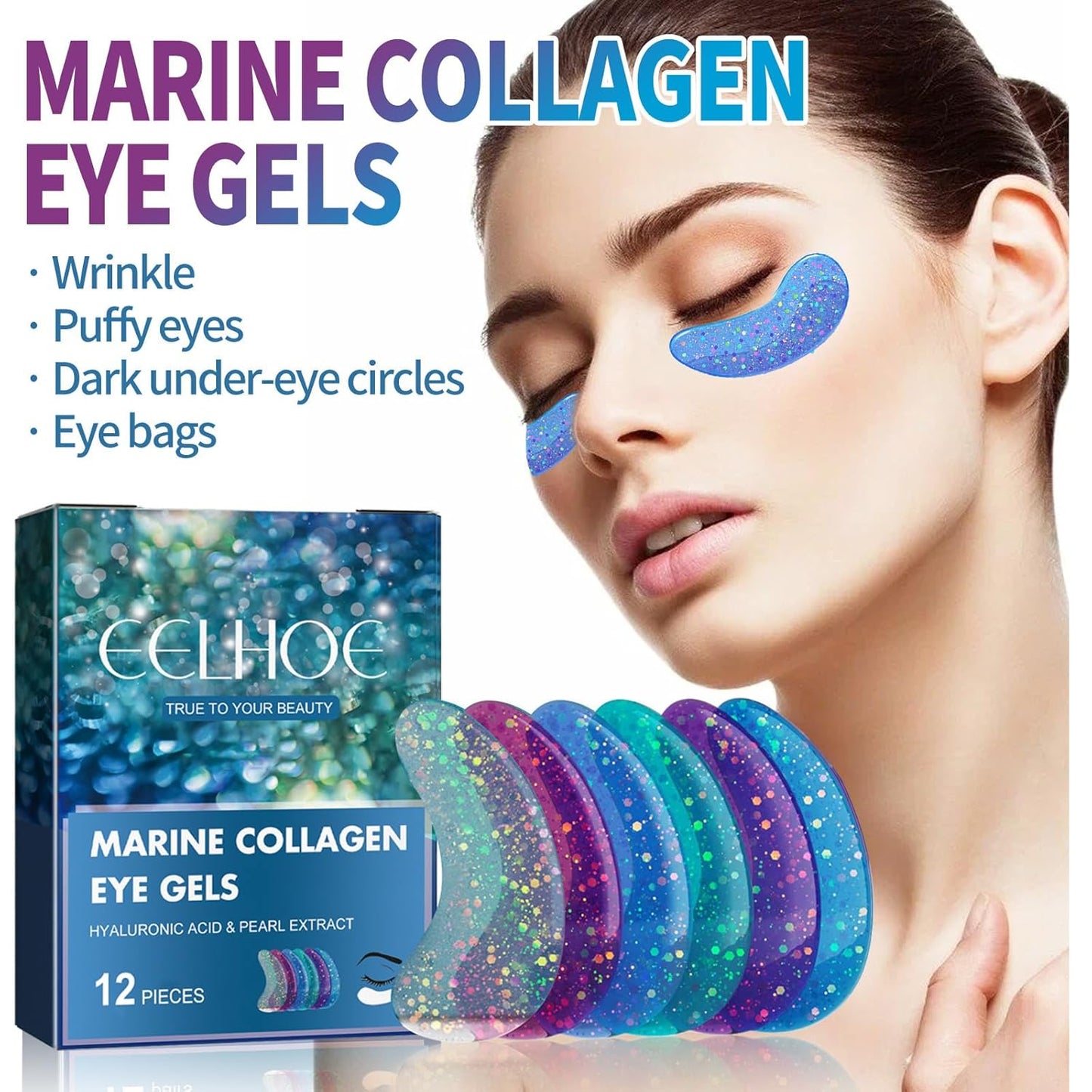 Anti-Aging Under Eye Patches Strong Adhesion Eye Patches for Puffy Eyes and Dark Circles Deep Hydration Eye Gel Pads with Marine Collagen Hyaluronic Acid and Pearl Extract,6 Pairs