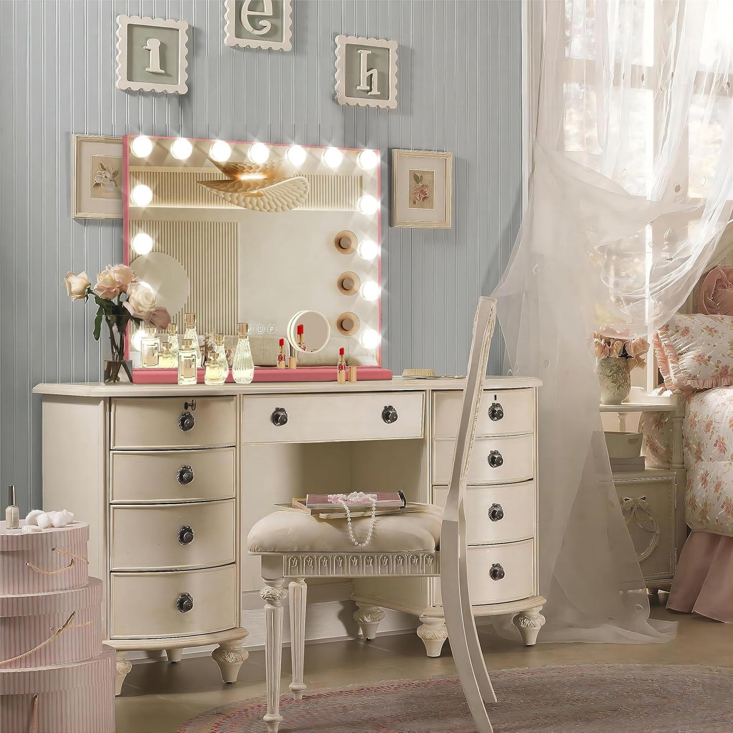 Pink Hollywood Vanity Mirror with Lights, 15 Dimmable Bulbs, 3 Color Lights,Make Up Lighted Mirror, Aluminum Metal Frame, USB Charging Port（23" x 18"）