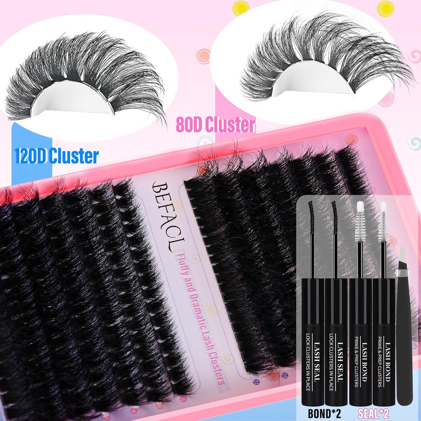 Lash Clusters Kit Fluffy Individual Lashes 80D+120D Thick Eyelash Clusters D Curly Wispy Eyelash Extensions with 2 Bond and Seal Eyelashes Cluster False Eyelashes DIY SinuVelv Lash Extension Kit