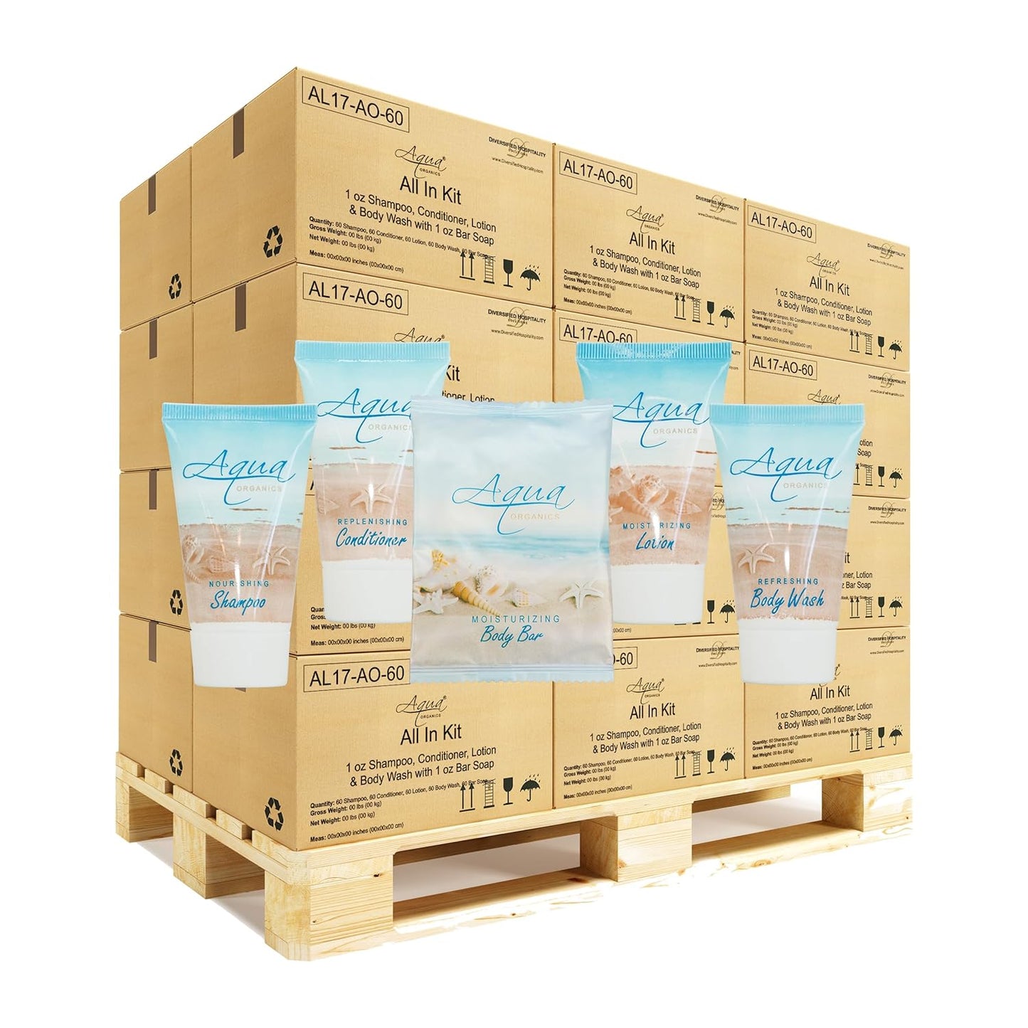 Aqua Organics Hotel Soaps and Toiletries Bulk Set | 1oz Hotel Shampoo & Conditioner, Body Wash, Body Lotion & 1oz Bar Soap Travel Size | Half Pallet 21 cases with 300 units each - 6,300 pieces