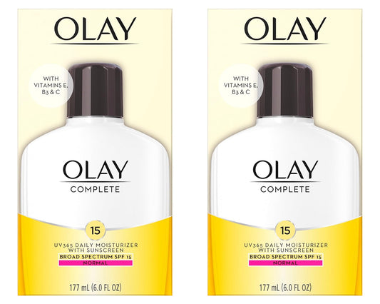 Olay Face Moisturizer, Complete with Sunscreen SPF 15, Daily Facial Lotion for Normal Skin, Lightweight Hydrating Broad Spectrum Sun Protection - Vitamin C, E, and Niacinamide - 6 Oz 2 Pack