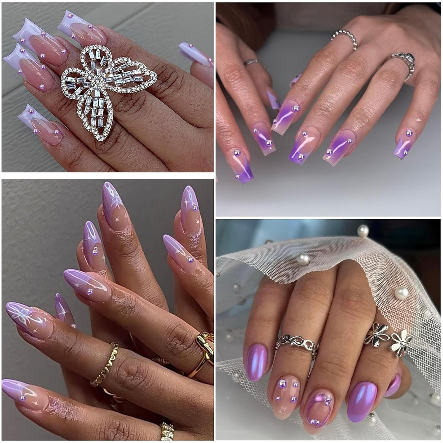 Nail Art Pearls with Rhinestones Glue Gel Flatback Pearls Nail Charms Luxurious Nails Supplies Accessories Gold Silver Gems Jewelry Pearl for Women Nails Design(Purple)