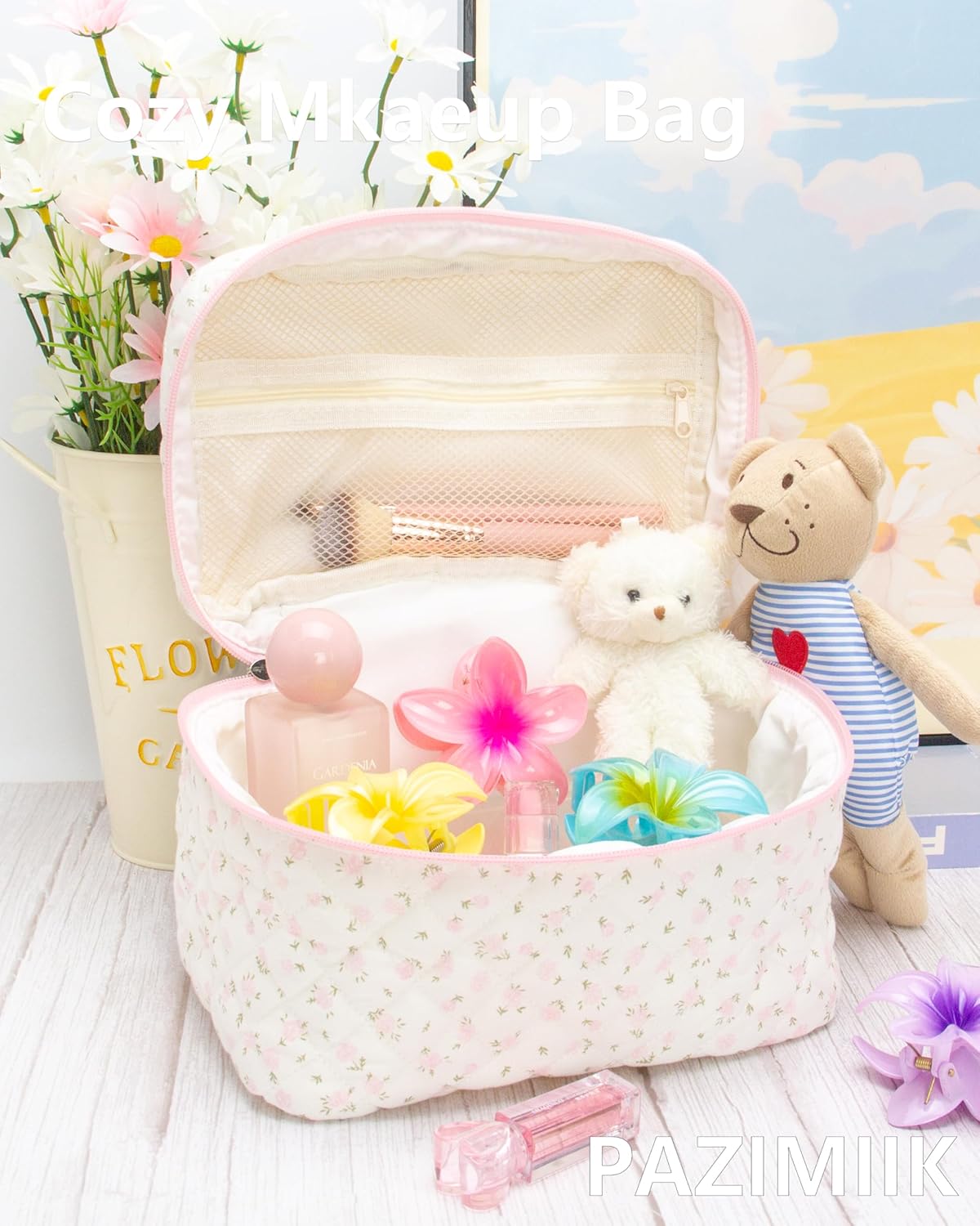 3PCS Makeup Bag SET Large Travel Quilted Zipper Soft Cosmetic Case Pouch for Women Girls Make Up,Little Flower Pink