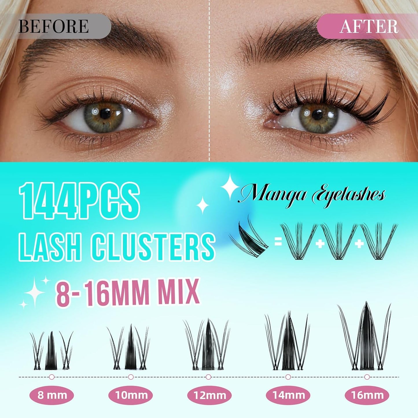 Manga Style Fairy Lash Clusters 144pcs DIY Individual Lash Clusters Natural for Eyelash Extensions Manga Lashes Wispy with Invisible Band(8-16mm-Mixed)