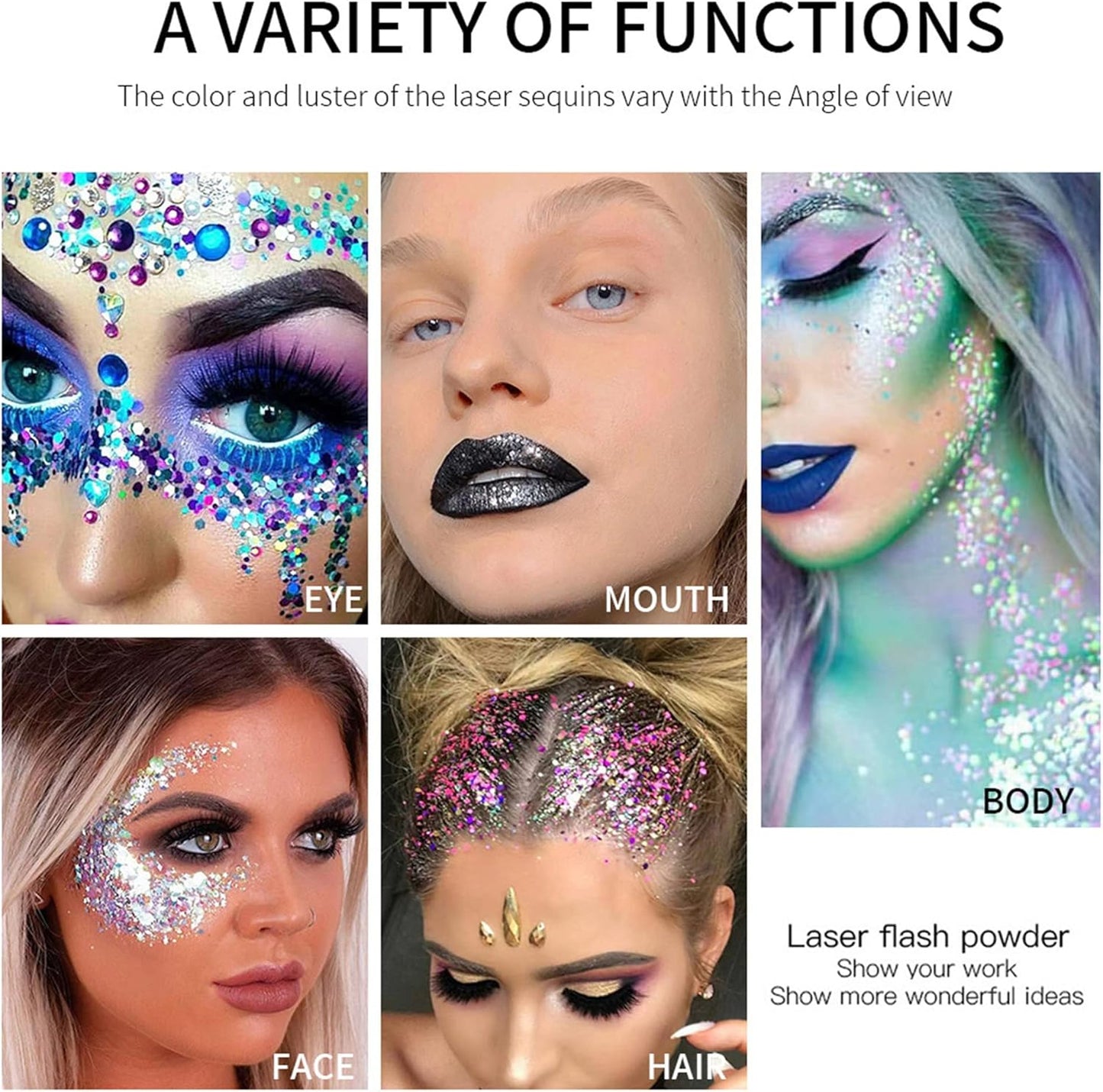 MAEPEOR Chunky Face Body Glitter Gel 19 Colors Mermaid Sequins Holographic Body Glitter Gel Long-Lasting Festival Makeup Glitter Paint for Face Body Hair Nails (30g, 10 Black)