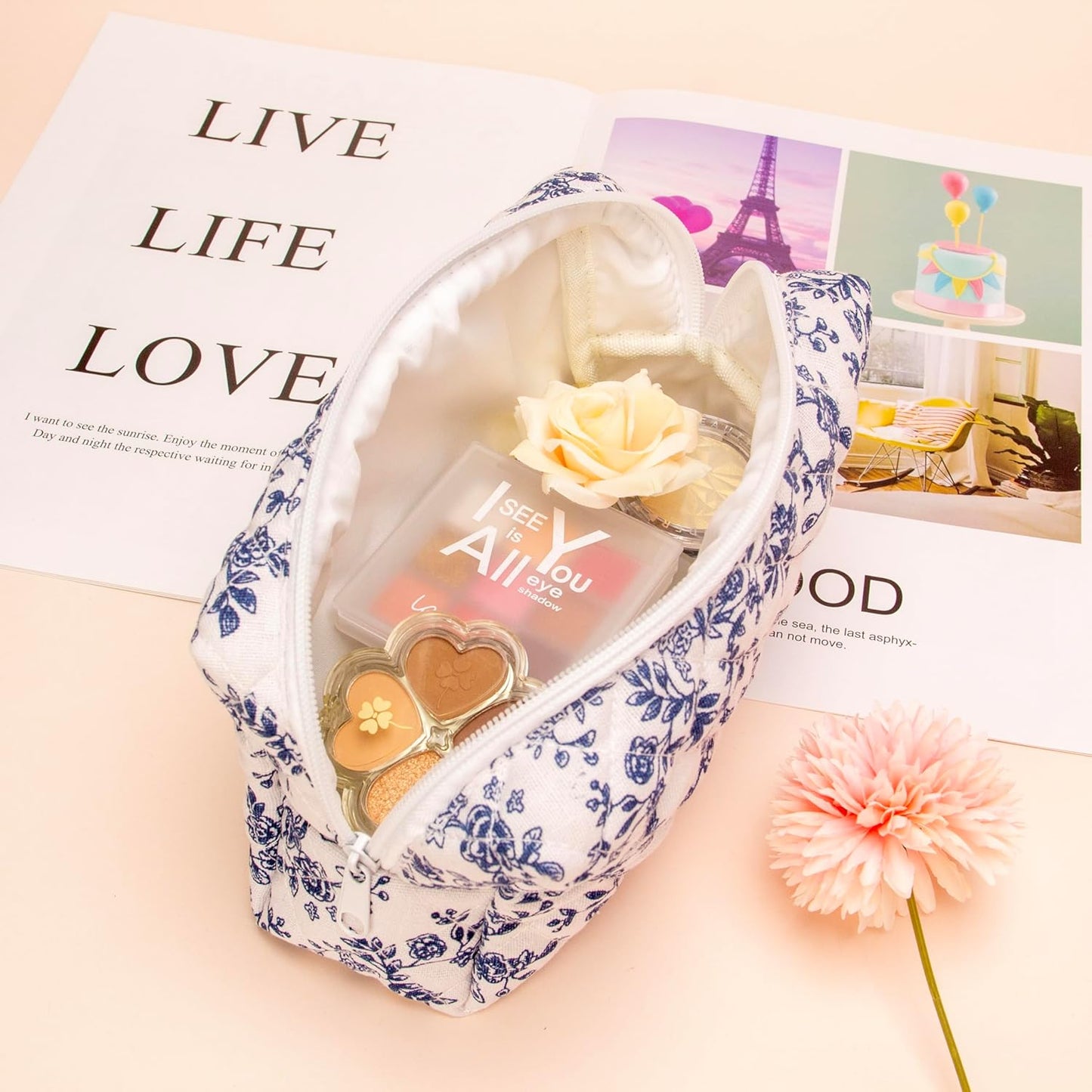 PAZIMIIK 6PCS Vintage Quilted Makeup Bag SET Cosmetic Pouch for Brushes Pencils and Travel Make Up Accessories for Women and Girls Jouy Blue