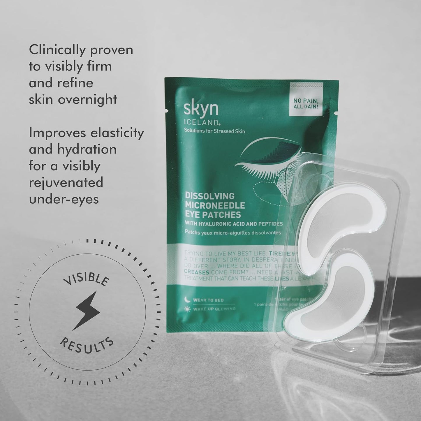 skyn ICELAND Dissolving Microneedle Under Eye Patches with 39% Hyaluronic Acid and Peptides, No Slip Overnight Eye Mask for Fine Lines, Wrinkles and Firming, Vegan, All Skin Types, 8 Pairs