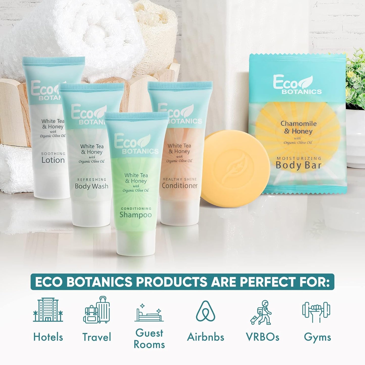 Eco Botanics Hotel Soaps & Toiletries Bulk Set | 0.85oz Hotel Shampoo & Conditioner, Body Wash, Body Lotion & Bar Soap Travel Size | 300 Pieces