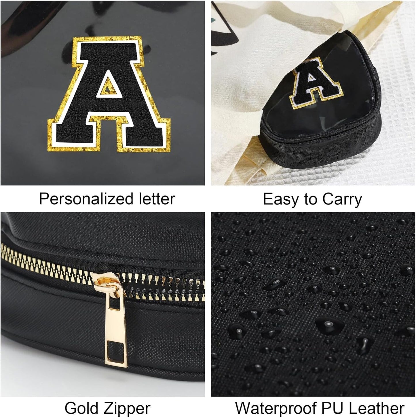 YOOLIFE Initial Makeup Bag Travel Toiletry Bag, Clear Makeup Bag Car Accessories For Women Clear Makeup Bags With Zipper Girlfriend Teacher 13 Year Old Girl Gifts Daughter Girl Gifts Mini Black H