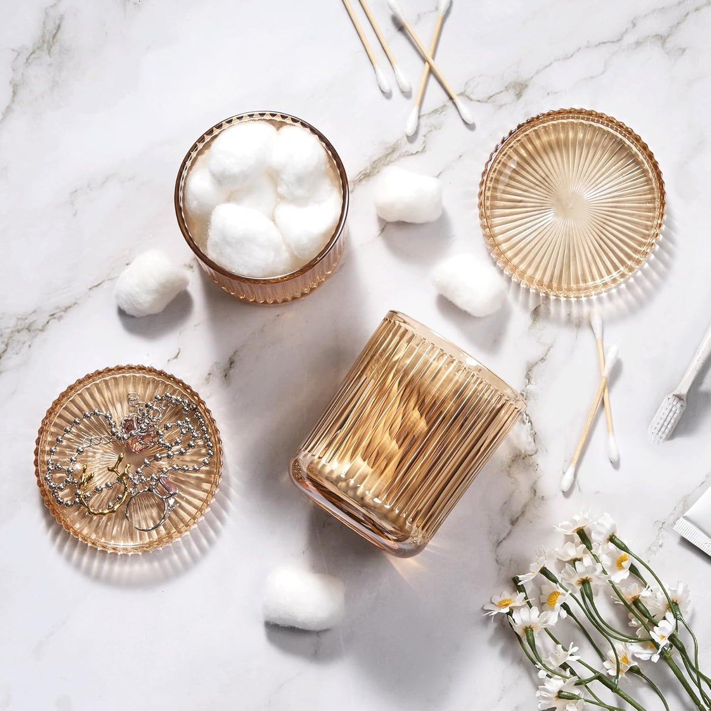 2 Pack Glass Qtip Holder Dispenser Set - Bathroom Organizer for Cotton Swabs, Balls, Pads, Floss Picks - Clear Apothecary Jars for Vanity, Makeup Storage, Bathroom Accessories Decor (Amber)