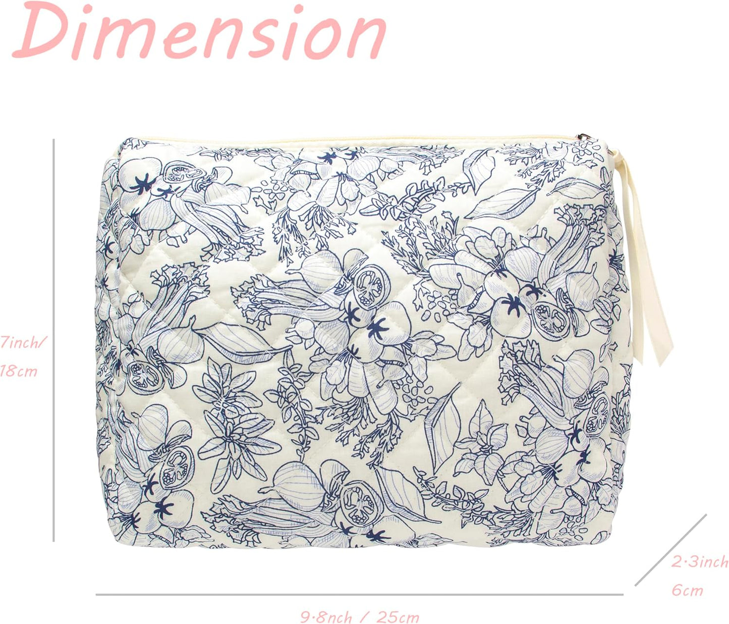 PAZIMIIK Quilted Makeup Bag Large Travel Zipper Soft Cosmetic Pouch for Women Girls Make Up,Flower White