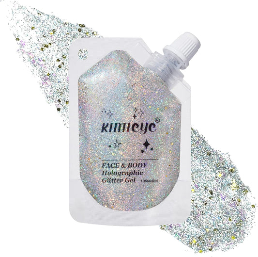Holographic Face Glitter Gel Body Shimmer Makeup for for Hair, Face, Clavicle, Arm, Nail, Eyeshadow, Long Lasting Waterproof Mermaid Sequins Party Glitter for Rave Festival, 1.35oz (Laser Gold #6)