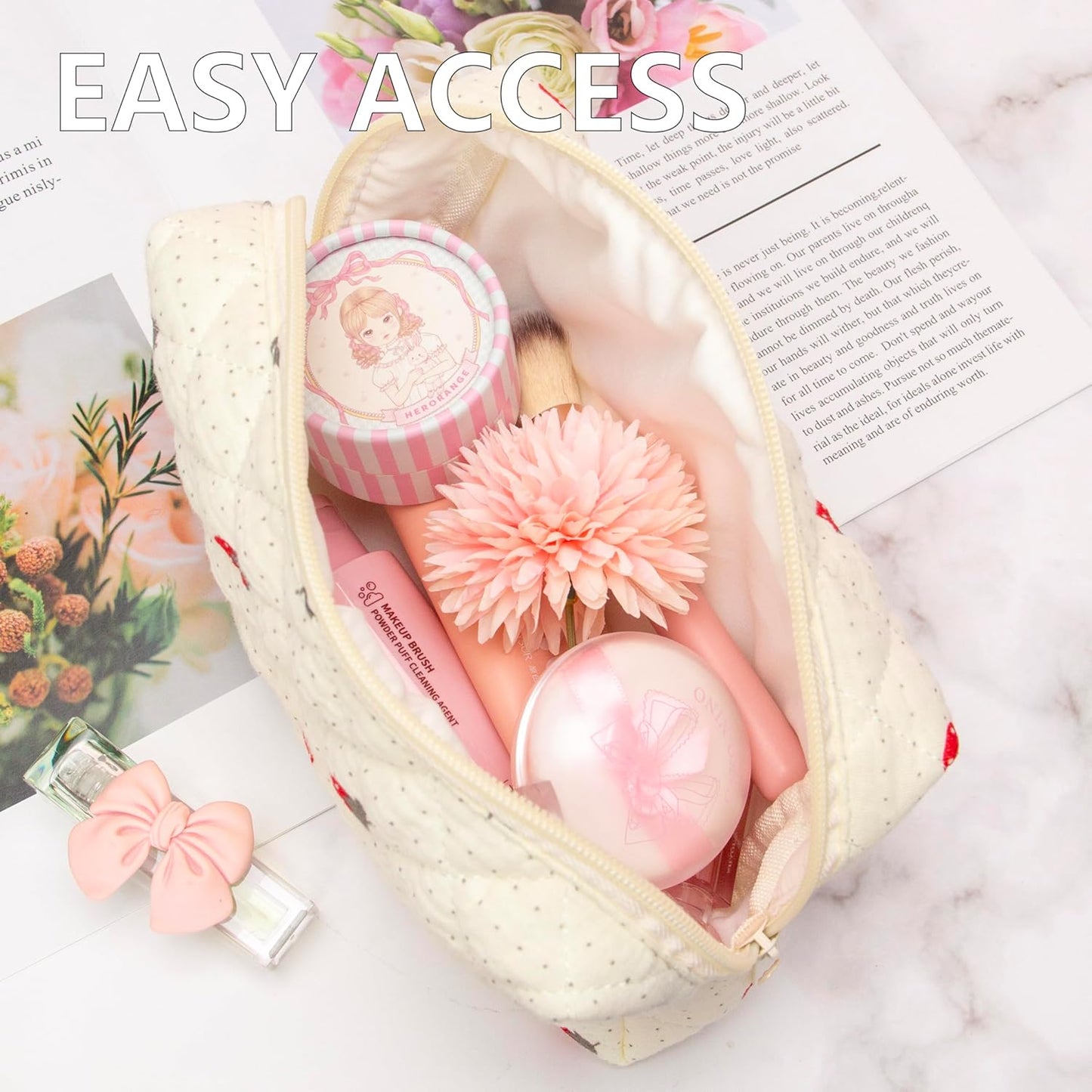 PAZIMIIK Vintage Quilted Makeup Bag Cosmetic Pouch for Brushes Pencils and Travel Make Up Accessories for Women and Girls Gauze Strawberry