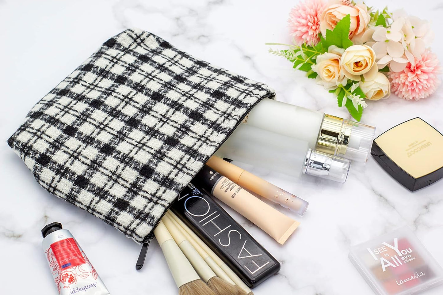 Makeup Bags for Purse Zipper Cosmetic Pouch Large Travel Canvas Make Up Organizer Tool Pouch for Women and Girls,Plaid Black