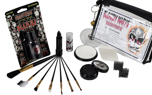 Scary Skeleton Makeup Kit By Bloody Mary - Professional Special Effects Face Makeup Supplies - FX Foundation, Black Blood Lipstick, Eye Shadow, Crayons, Brushes, Blood, Sponge & Case.