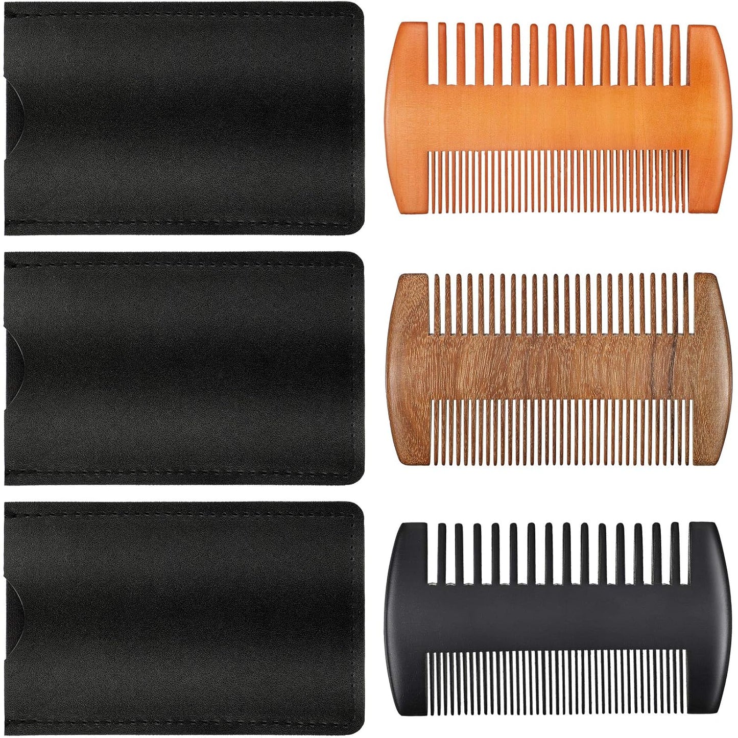 Natural Sandalwood Wooden Dual Action Beard and Mustache Comb Set with Leather Cases for Beards and Mustaches (Black, Yellow, Brown)