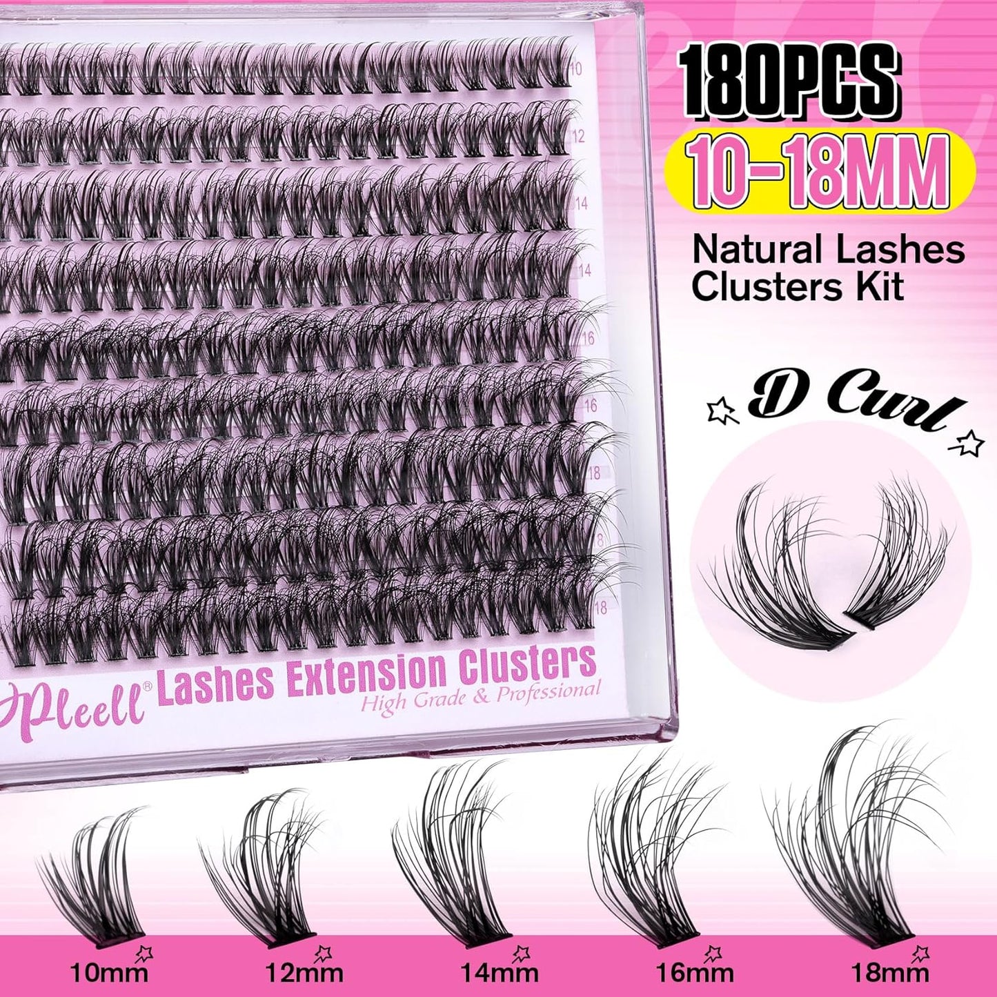 Fluff Lash Extension Kit Wispy Eyelash Extension Kit 10-18MM Natural Lash Clusters 180PCS Cluster Eyelash Extensions with Lash Bond and Remover and Lash Applicator DIY Lashes Extension by Pleell
